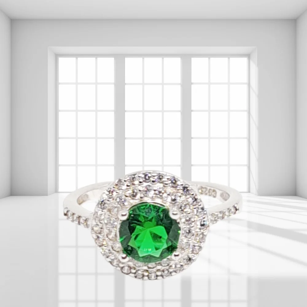 Created Emerald & Diamonds Sterling Silver Ring. NWOT